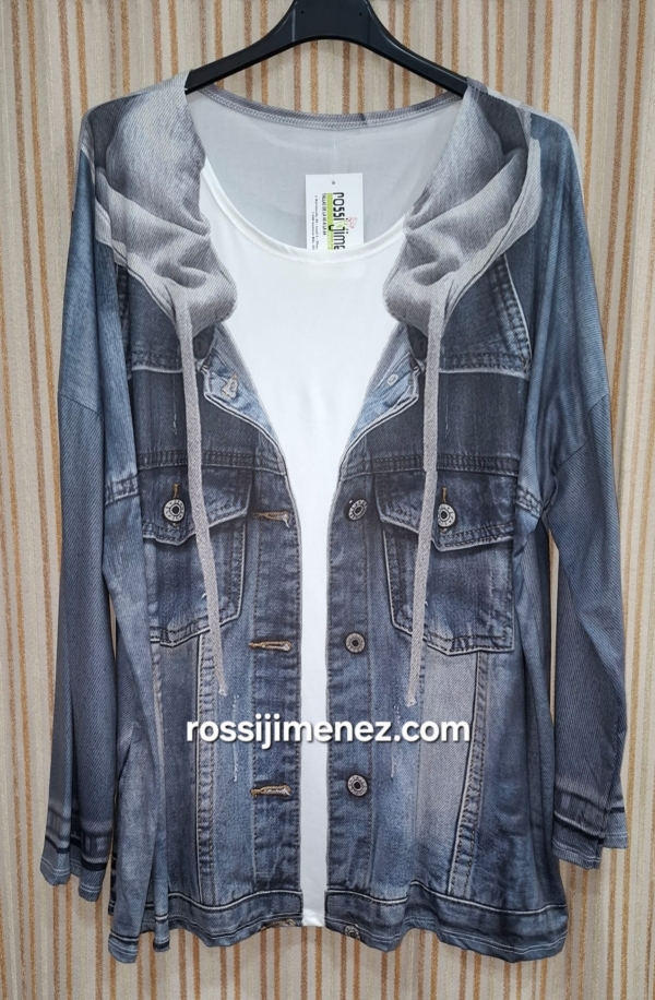 Camiseta Impresión Cazadora  Vaquera/ Blanco (Talla única 46 a 54 aprox.)