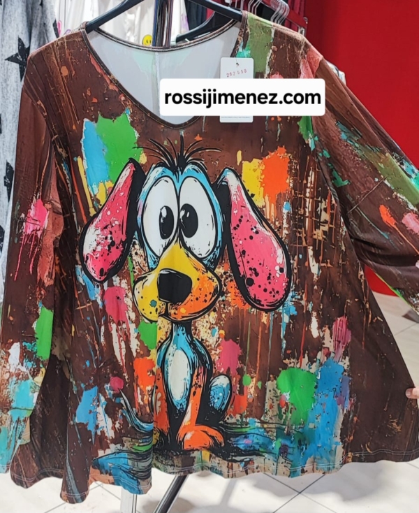 Camiseta Maxi Impresión Perrito Colorines (Talla única 48 a 60 aprox.)