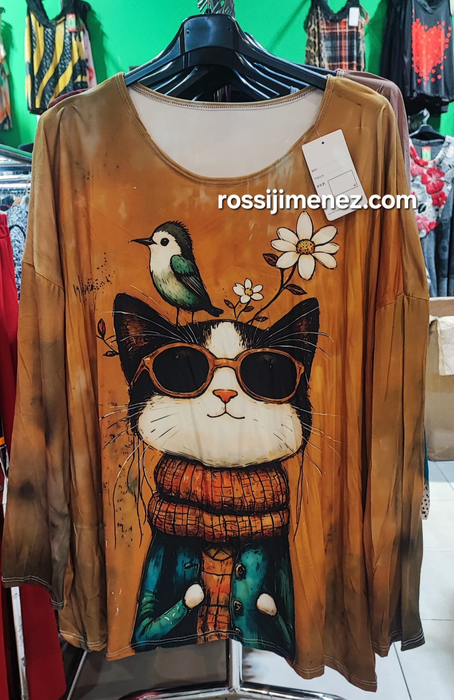 Camiseta Impresión Gato Bufanda (Talla única 46 a 54 aprox.)