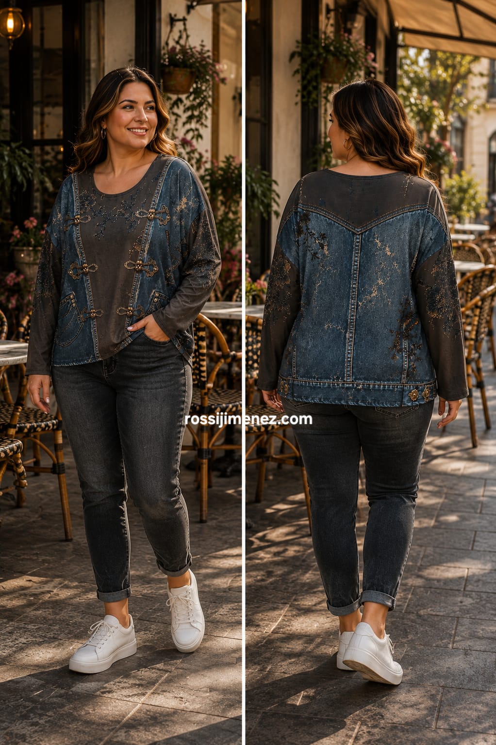 Camiseta Impresión Curvy Vaquera /Botones (Talla única 48 a 54 aprox.)