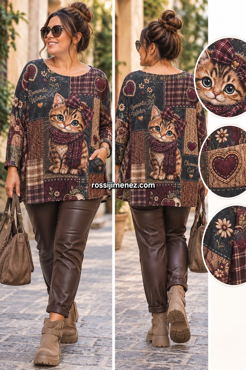 Camiseta Impresión Curvy Gatito Cuadros (Talla única 48 a 54 aprox.)